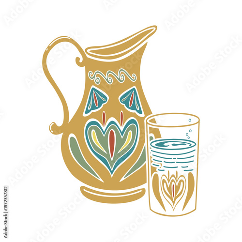 Turkish traditional jar and glass of water with ornament. Hand drawn vector illustration flat. For cookbooks designs magazines oriental coffee houses and dishware, postcards banners clip arts.