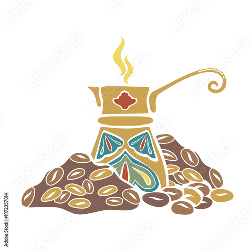 Turkish coffee cezve ornamented, roasted beans Arabica. Hand drawn vector illustration flat. For cookbooks designs magazines oriental coffee houses and dishware, postcards banners clip arts.