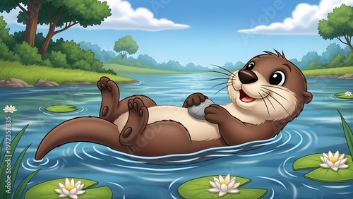 Cute Animated Otter Relaxing on Water with Lily Pads