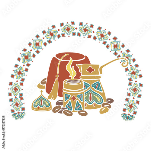 Turkish coffee cezve, traditional fez, roasted beans Arabica. Hand drawn vector illustration flat For cookbooks designs magazines oriental coffee houses and dishware, postcards banners clip arts.