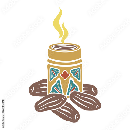 Turkish coffee cup and dried dates, ornamented. Hand drawn vector illustration isolated set. For cookbooks designs magazines, oriental coffee houses and dishware, holidays postcards banners clip arts.