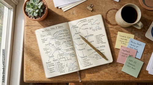 A workspace flat-lay seen from directly above, an open notebook filled with dense handwritten mind maps, a mechanical pencil resting mid-sentence, ceramic coffee cup