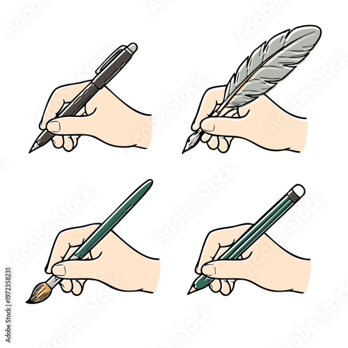 Hands holding various writing tools: pen, quill, brush, and pencil. / 筆記具を持つ手のイラストセット・カラー