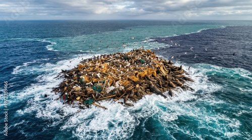 A surreal island that exists only at the precise intersection of four ocean currents, visible as a temporary landmass of compressed flotsam and sea foam that assembles