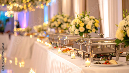 Elegant buffet table with white cloth, silver chafing dishes, floral arrangements, candles, draped curtains—evoking sophistication, festivity, and refined celebration atmosphere.