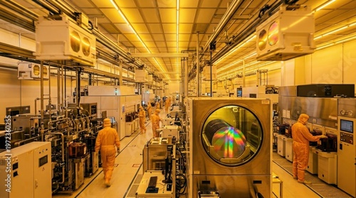 A semiconductor fab cleanroom at full production, technicians in full bunny suits moving between photolithography machines under yellow safelight, wafer carrier pods
