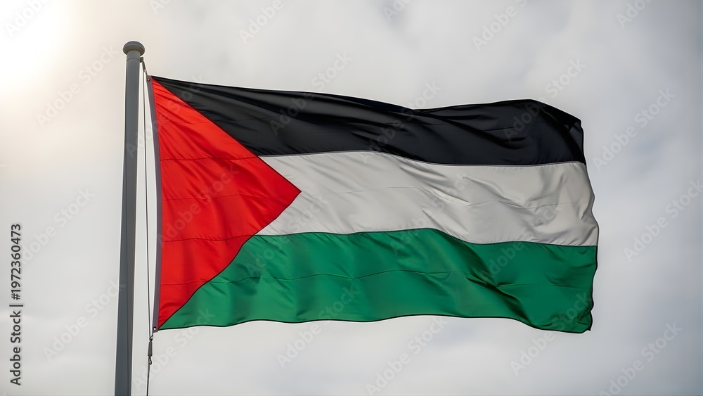 Obraz premium Palestinian Flag Flying in the Wind Against a Cloudy Sky