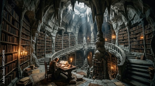 An ancient library carved entirely inside a mountain cavern, thousands of leather-bound volumes lining curved stone shelves ascending to a vaulted ceiling, a single