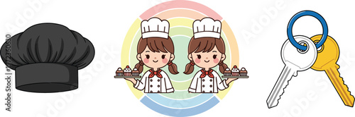 Chef hat, twin pastry chefs with cupcakes and house keys rebus puzzle visual word game brain teaser cartoon vector illustration isolated