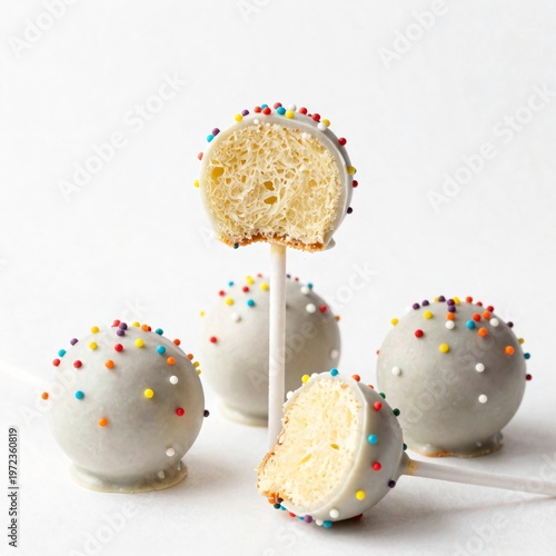 Cake pops with white chocolate coating and colorful sprinkles. One pop cut open shows soft, moist cake interior. Others whole, standing on sticks. Clean white background highlights sweet treats