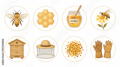 Beekeeping Vector Illustration Set | Honeybee, Honeycomb, Honey Jar, Flower, Beehive, Hat, Pollen, Gloves Vector Icons for Apiary, Honey Production, Nature, Farming Design