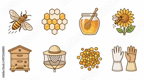 Beekeeping Vector Illustration Set | Honeybee, Honeycomb, Honey Jar, Flower, Beehive, Hat, Pollen, Gloves Vector Icons for Apiary, Honey Production, Nature, Farming Design