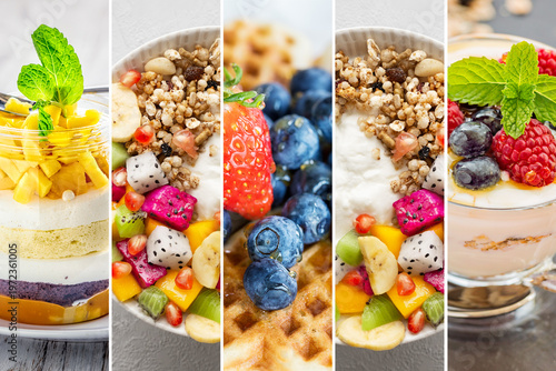 Colorful dessert assortment featuring layered parfaits, fresh fruits, and granola toppings