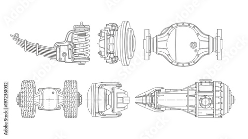 Detailed schematic drawings of truck axle and suspension systems