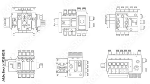 Technical illustrations of various hydraulic manifold blocks and control valves