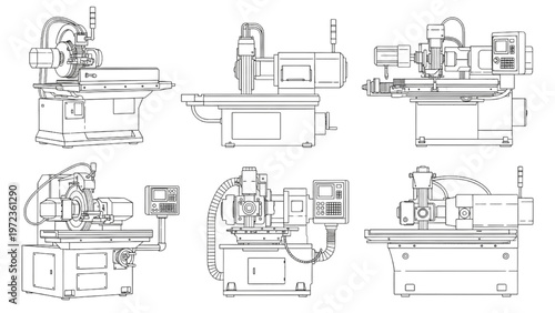 Various types of industrial grinding machines on display