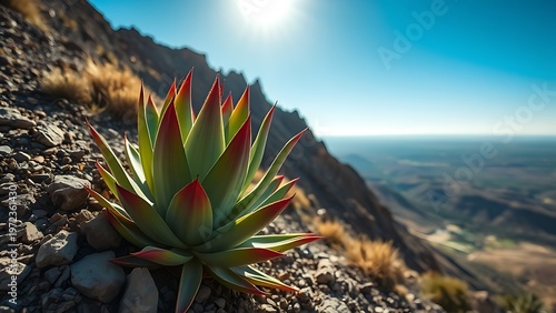 tenaciously. A single green agave plant growing on a rocky hillside with deep red leaf tips. gardening catalogs, home-decor guides, designed for home decor and floral branding, used by copywriters.
