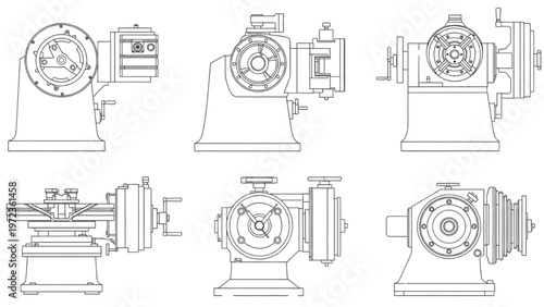 Engineering mechanical drawings of industrial machinery parts