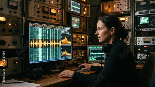 A radio telescope operator in a control room filled with vintage and modern monitoring equipment studying a signal anomaly on a waterfall display, multiple screens