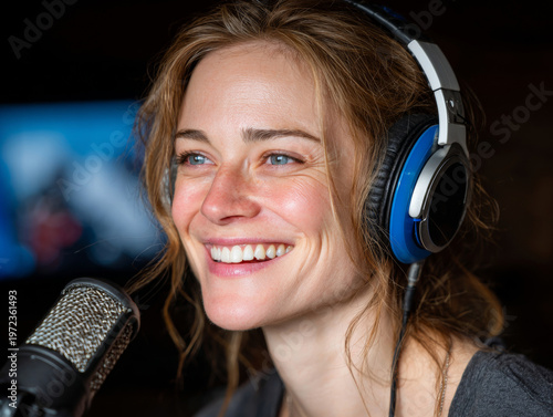 A woman smiling while wearing headphones