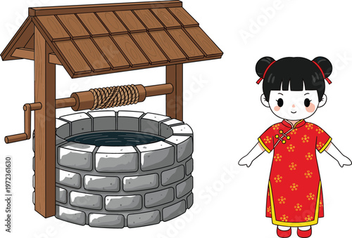 Traditional water well with rope bucket and cute girl wearing red Chinese dress cartoon vector illustration cultural character design