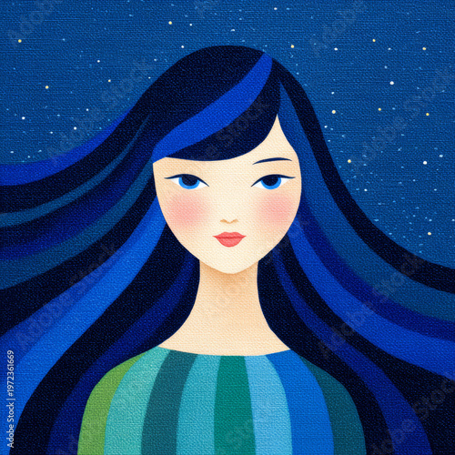 Blue-haired woman under the starry sky