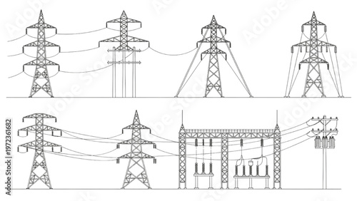 Vector Illustration of Electrical Grid Infrastructure Pylons, Power Lines, and Substation Elements for Energy Transmission and Distribution