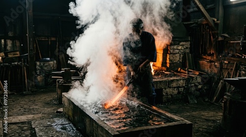 A master swordsmith quenching a freshly forged katana blade in a trough of water, a dramatic cloud of steam erupting upward in the dark smithy, the blade glowing faint