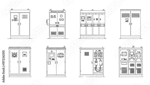 Collection of electrical control panels and distribution boxes