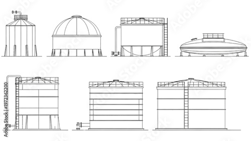 Set of industrial storage tanks and silos illustrated in outline
