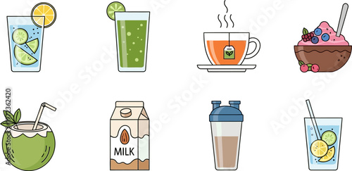 Illustrations of various drinks and desserts on a table setting