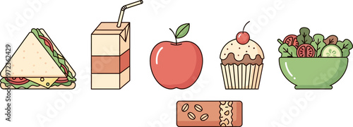A vibrant illustration of a sandwich, juice box, apple, cupcake, salad, and granola bar on a clean white background.