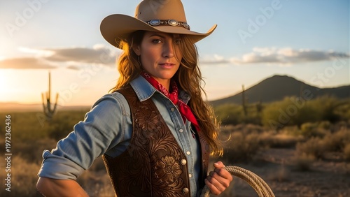 Young Woman in Cowboy Hat and Western Attire in Desert Sunset Landscape