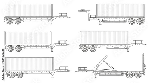 Detailed technical line drawings of various container chassis for intermodal logistics