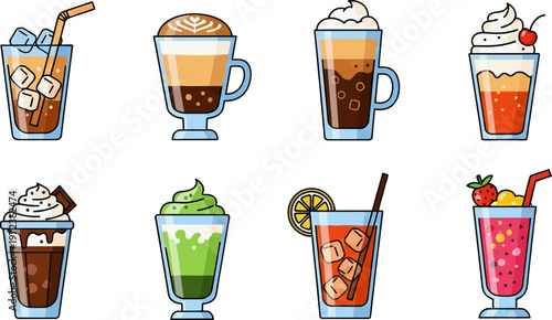 A set of colorful drinks with ice and straws in glasses on a table indoors.