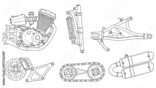Technical blueprint of motorcycle components, showcasing engine, frame, and exhaust systems