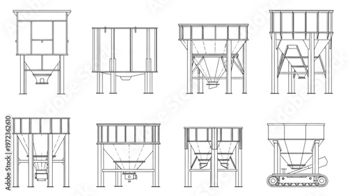 Engineering blueprints Diverse industrial hoppers and silos for bulk material storage