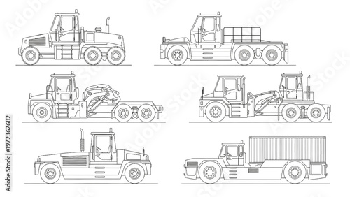 Set of various heavy-duty industrial and port container handling vehicles collection
