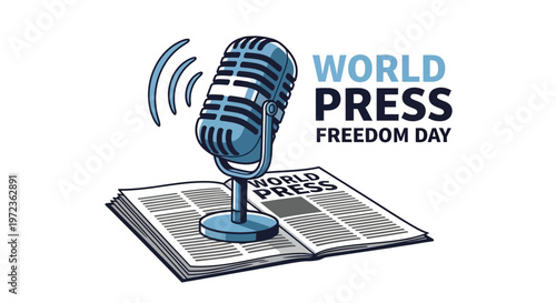 A vintage microphone with world press freedom day text and newspaper