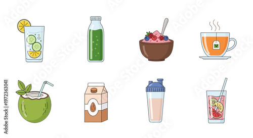 Vibrant illustrations of various healthy drinks and food items on a clean white background set