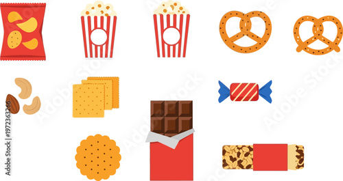 Colorful illustration of assorted snacks and candies on a white background with nuts and popcorn.