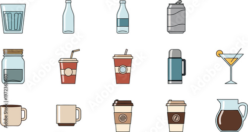 A vibrant set of illustrations showcasing various drinkware and beverages on a white background.