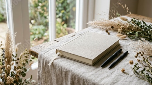 a beautifully styled stock photography scene featuring a blank journal and a matching pen set elegantly placed off-center on a soft linen cloth. wispy wild grass