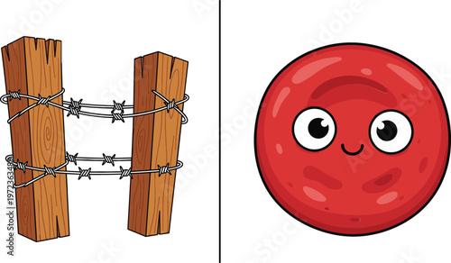 Wooden fence with barbed wire and cute red ball cartoon character rebus puzzle visual word game vector illustration