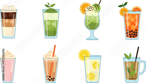 Illustrations of various tasty cold drinks and teas with straws and fruits on a white background set.