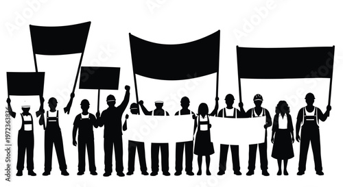 A group of silhouetted protestors holding blank signs and banners aloft