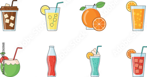 Various drinks and oranges on a table setting with straws and ice cubes.