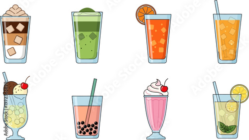 A colorful set of eight glasses filled with various sweet cold drinks like milkshakes and smoothies.