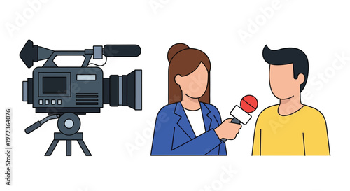 Journalist interviewing a person with a professional video camera recording