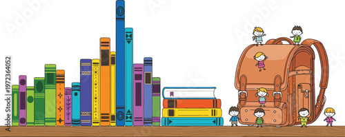 Colorful school books on shelf with backpack and happy kids cartoon vector illustration education concept for learning, classroom decoration, and back to school design